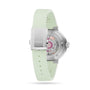 The Oris Aquis Date wristwatch features a blush pink strap, a transparent case back showing the mechanical movement, and ORIS engraved on its stainless steel clasp.