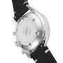 Close-up of the back of an Oris Divers Sixty‑Five Chronograph, featuring a stainless steel case, engraved details, and a black leather strap.