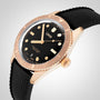 The Oris Divers Sixty-Five Date wristwatch features a black dial and strap, bold hour markers, and a date display.