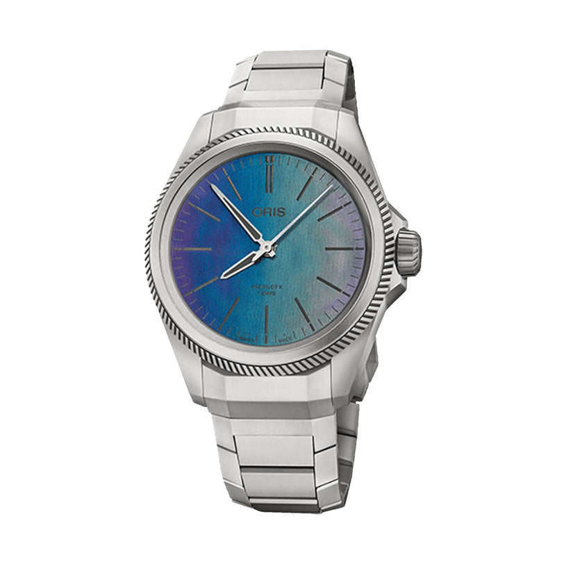 The Oris ProPilot X Calibre 400 Laser is a stainless steel wristwatch featuring a blue-green gradient dial and a metal link bracelet.