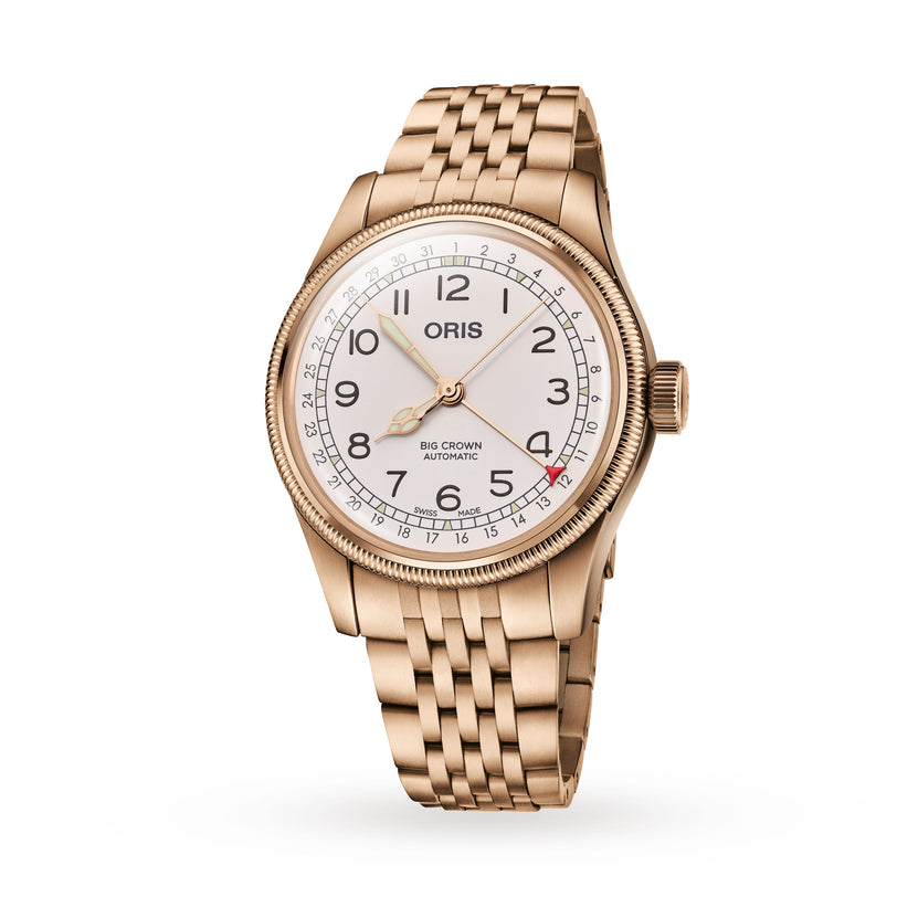 The Oris Big Crown Father Time Limited Edition features a rose gold case, white dial, black numerals, gold hands, and metal link bracelet—showcasing Oriss renowned mechanical precision. Displayed on a white background.