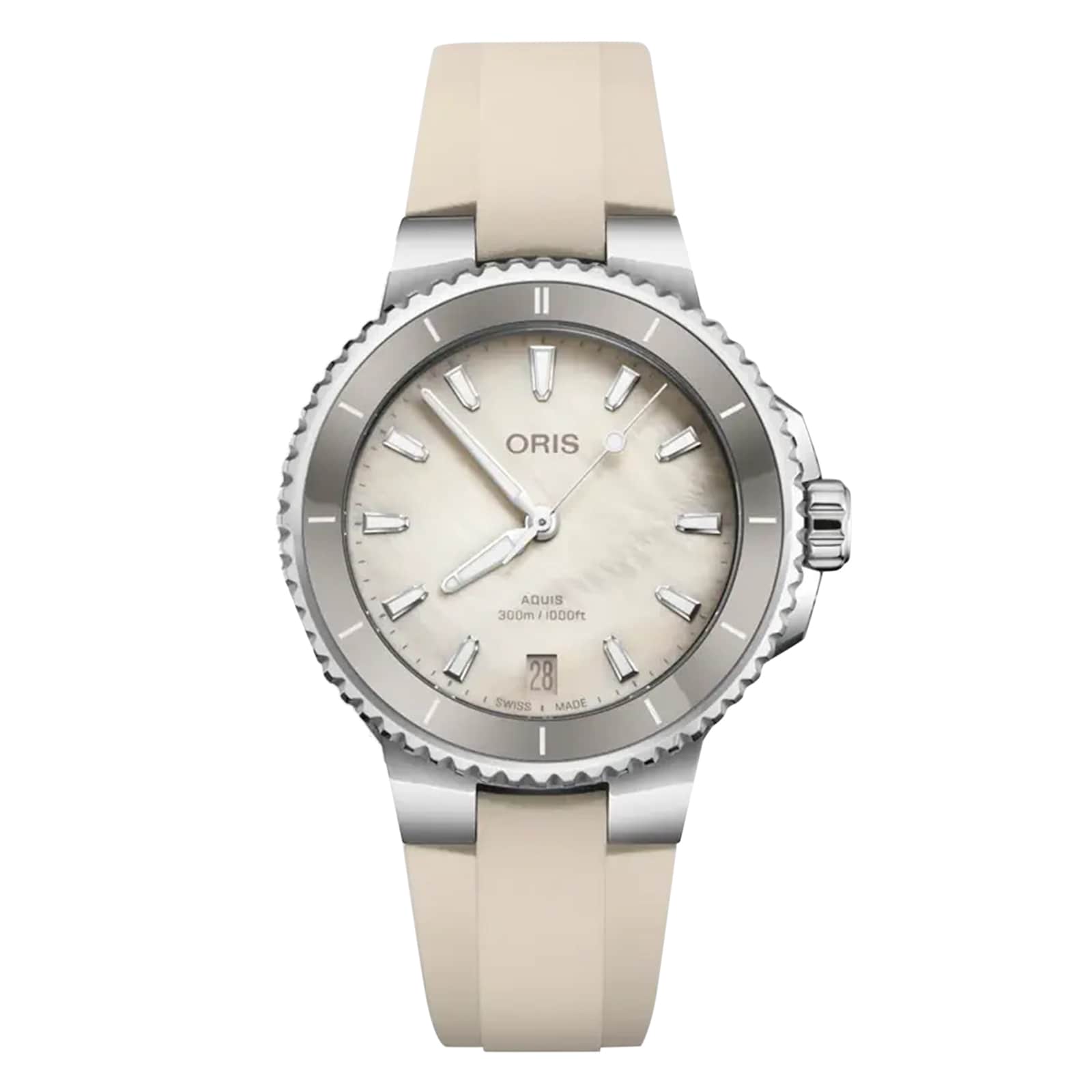 The Oris Aquis Date features a stainless steel case, beige rubber strap, beige dial, silver markers, and a date display at 6 o’clock—ideal for those seeking sustainable modern mechanical watches.