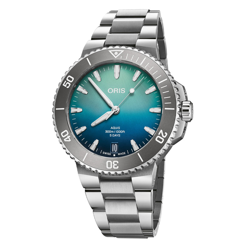 The Oris Great Barrier Reef Limited Edition IV is a stainless steel wristwatch featuring a blue gradient dial and silver hour markers.