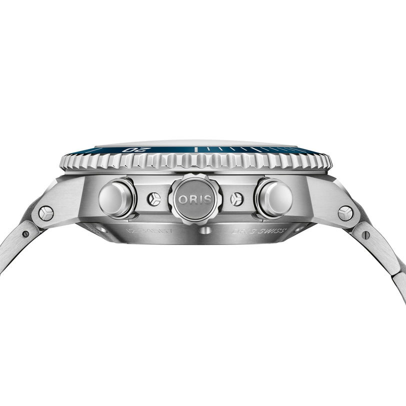 Side view of the Oris Aquis Chronograph, a wristwatch with a blue ceramic bezel, three pushers, notable water resistance, and the Oris brand engraved on its crown.
