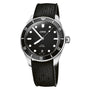 The Oris Divers Date is a black dive watch featuring automatic movement, a black bezel, round markers, date display at 6 o’clock, and a textured black strap—a distinctive timepiece from Oris.