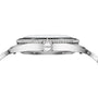 Side view of the Oris Divers Date wristwatch in silver, with its crown and bezel visible against a white background.