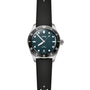 The Oris Divers Date is a stainless steel dive watch with automatic movement, a black bezel, dark green dial, date at 6 o’clock, and a black textured rubber strap.