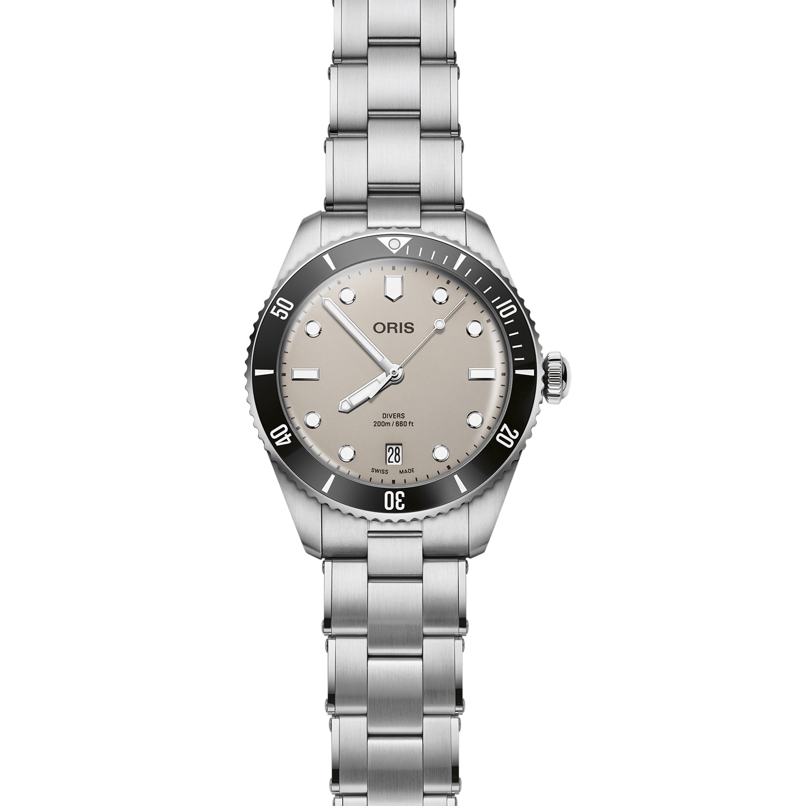 The Oris Divers Date is a stainless steel wristwatch featuring a beige dial, black bezel, automatic movement, date at 6 oclock, and silver hour markers and hands.