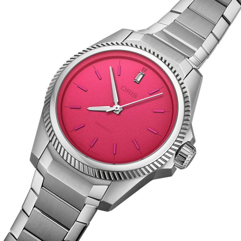 Close up view of the ProPilot X Miss Piggy Edition pink dial