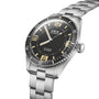 The Oris 60th Anniversary Edition dive watch, shown at an angle on a metal bracelet, features a black dial with vintage-style numerals, a rotating bezel, and a Swiss Made automatic movement for precision and reliability.