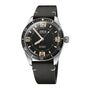 The Oris 60th Anniversary Edition is a Swiss Made automatic dive watch with a black round dial, luminous hands and markers, black rotating bezel, and black leather strap.