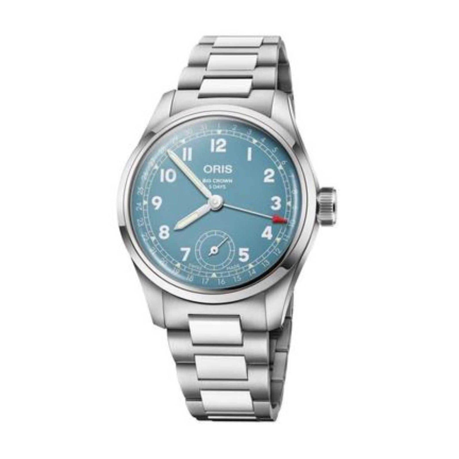The Oris Big Crown Pointer Date Calibre 473 is a stainless steel wristwatch with a light teal blue dial, white numerals, date window at 6 o’clock, and metal link bracelet.