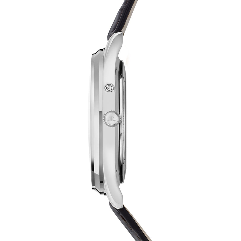 Side view of the Jaeger-LeCoultre Master Ultra Thin Reserve De Marche, featuring a silver case, crown, and black leather strap that highlight its minimalist design and ultra-slim profile.