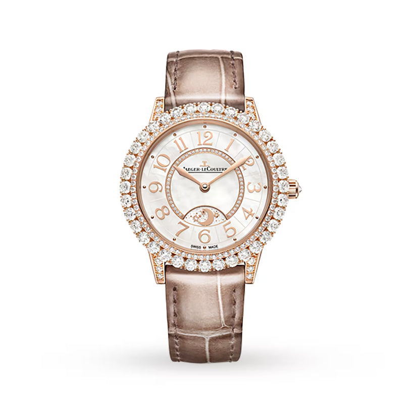 The Jaeger-LeCoultre Rendez-Vous Night & Day women’s watch features a mother-of-pearl dial, diamond-set pink gold bezel and case, and taupe alligator strap, elegantly displayed on a white background.