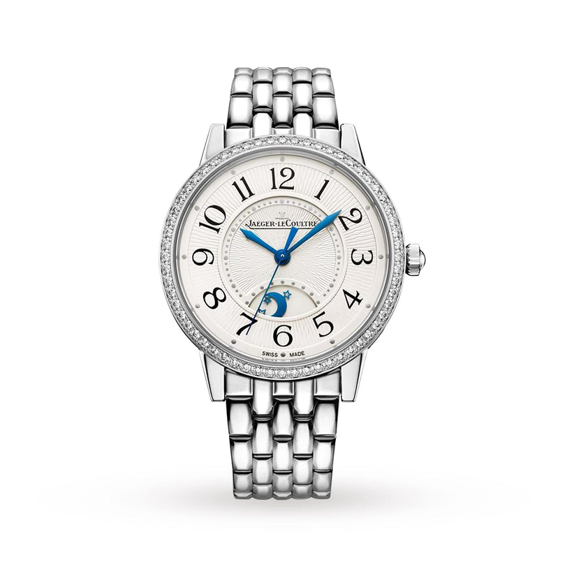 The Jaeger-LeCoultre Rendez-Vous Night & Day is a luxury women's watch with a round diamond-set bezel, silver link bracelet, blue hands, moon phase at 6 o’clock, and classic black numerals on a white dial.