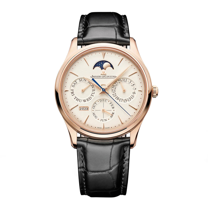 The Jaeger-LeCoultre Master Ultra Thin Perpetual Calendar Automatic features a rose gold case, black leather strap, cream dial with perpetual calendar subdials, moon phase, and gold markers and hands.
