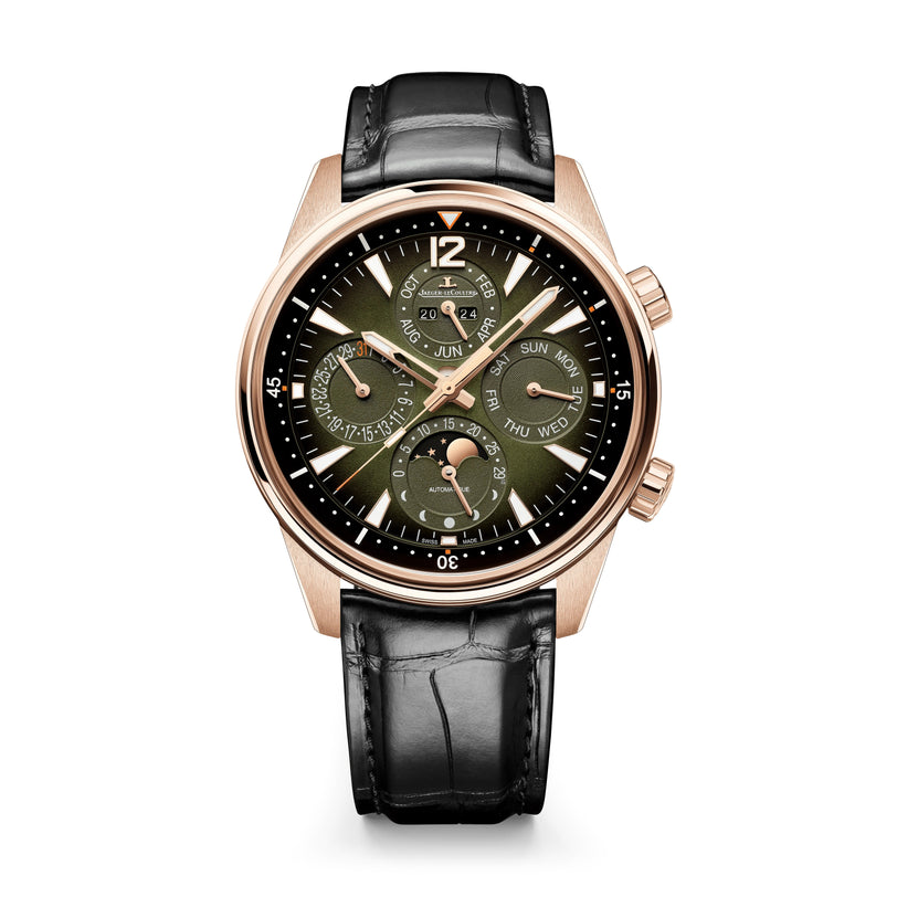 The Jaeger-LeCoultre Polaris Perpetual Calendar features a pink gold case, green dial, black leather strap, gold hour markers, two crown buttons on the right, and a moon phase complication for an elegant touch.