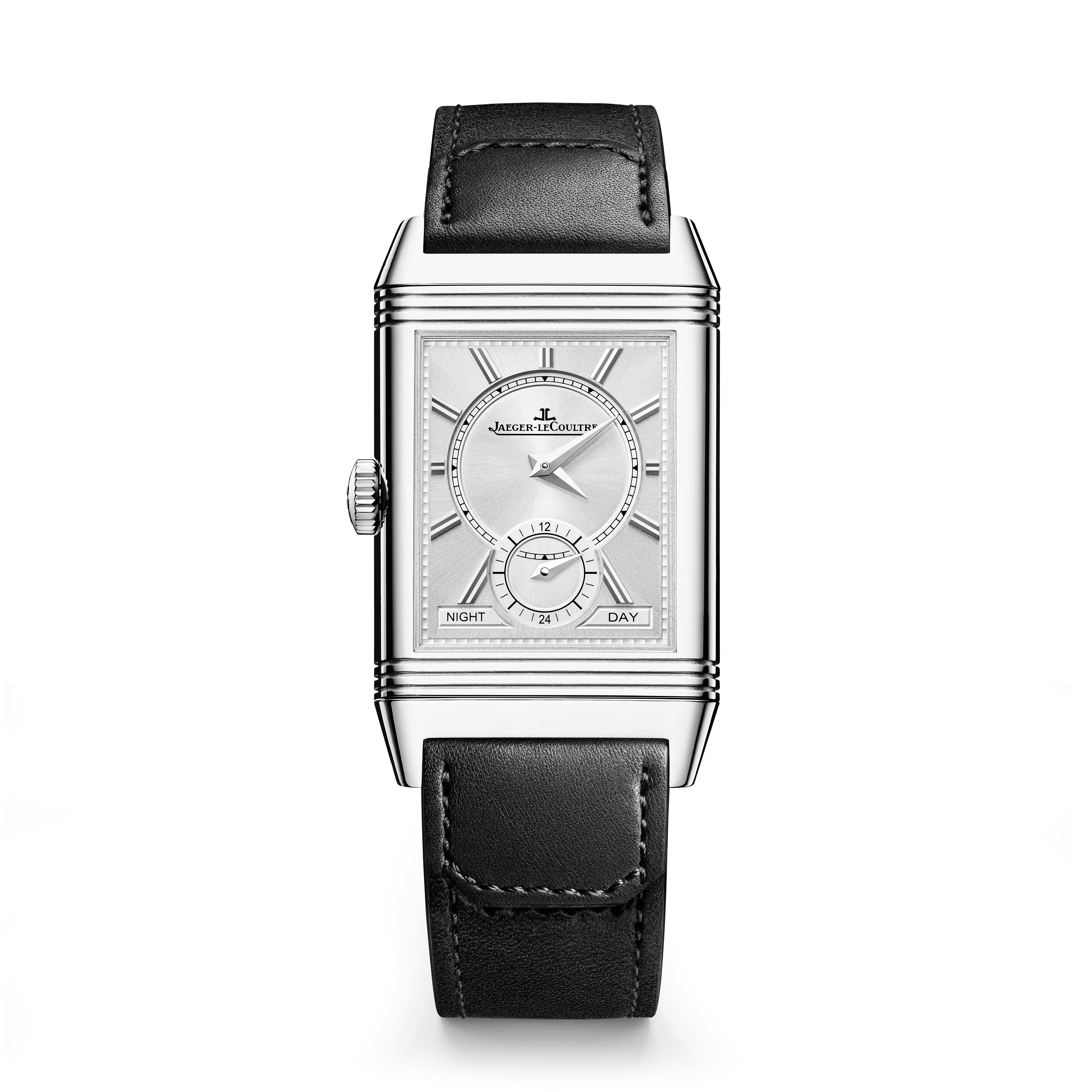 The Jaeger-LeCoultre Reverso Tribute Duoface Small Seconds features a rectangular steel case, black leather strap, silver dial, small seconds subdial, day-night indicator, and an elegantly displayed Jaeger-LeCoultre logo.
