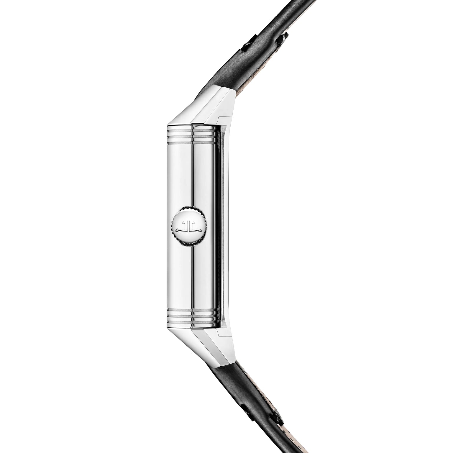 Side view of the Jaeger-LeCoultre Reverso Tribute Duoface Small Seconds, featuring a silver steel case with ridged accents, crown, and black leather strap—a refined update of this iconic watch.