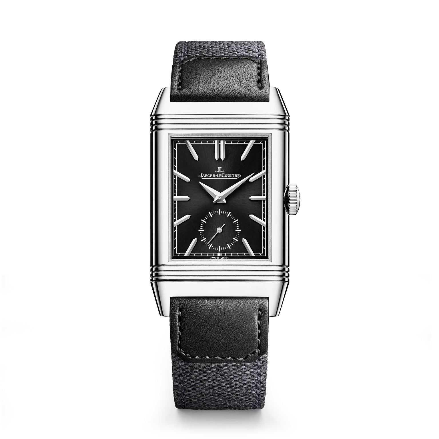 The Jaeger-LeCoultre Reverso Tribute Duoface Small Seconds is a rectangular steel wristwatch featuring a black dial with silver markers, a small seconds subdial, and a black leather strap. The brand name appears on the watch face.