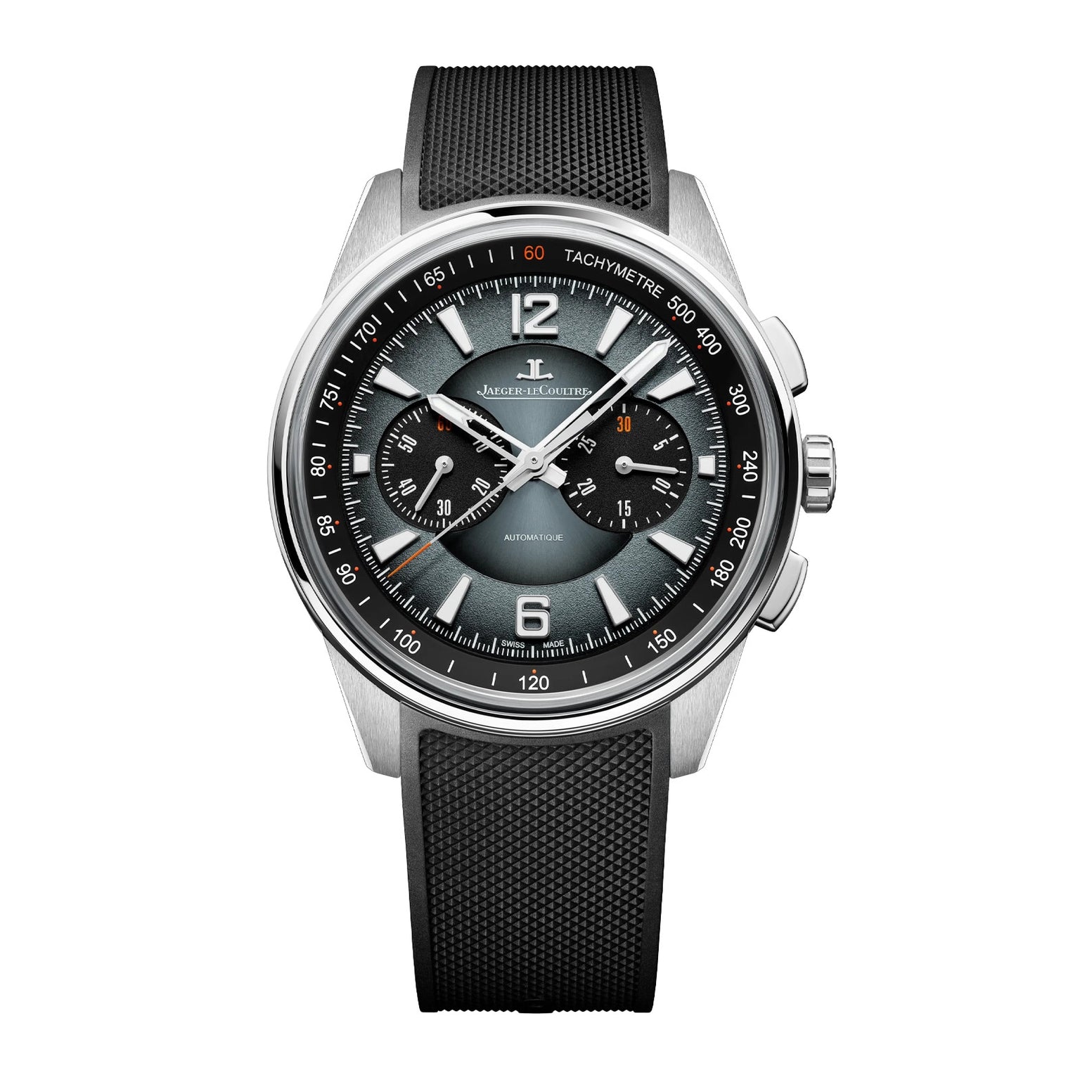 The Jaeger-LeCoultre Polaris Chronograph is a silver and black wristwatch featuring a black strap and three subdials on the face.