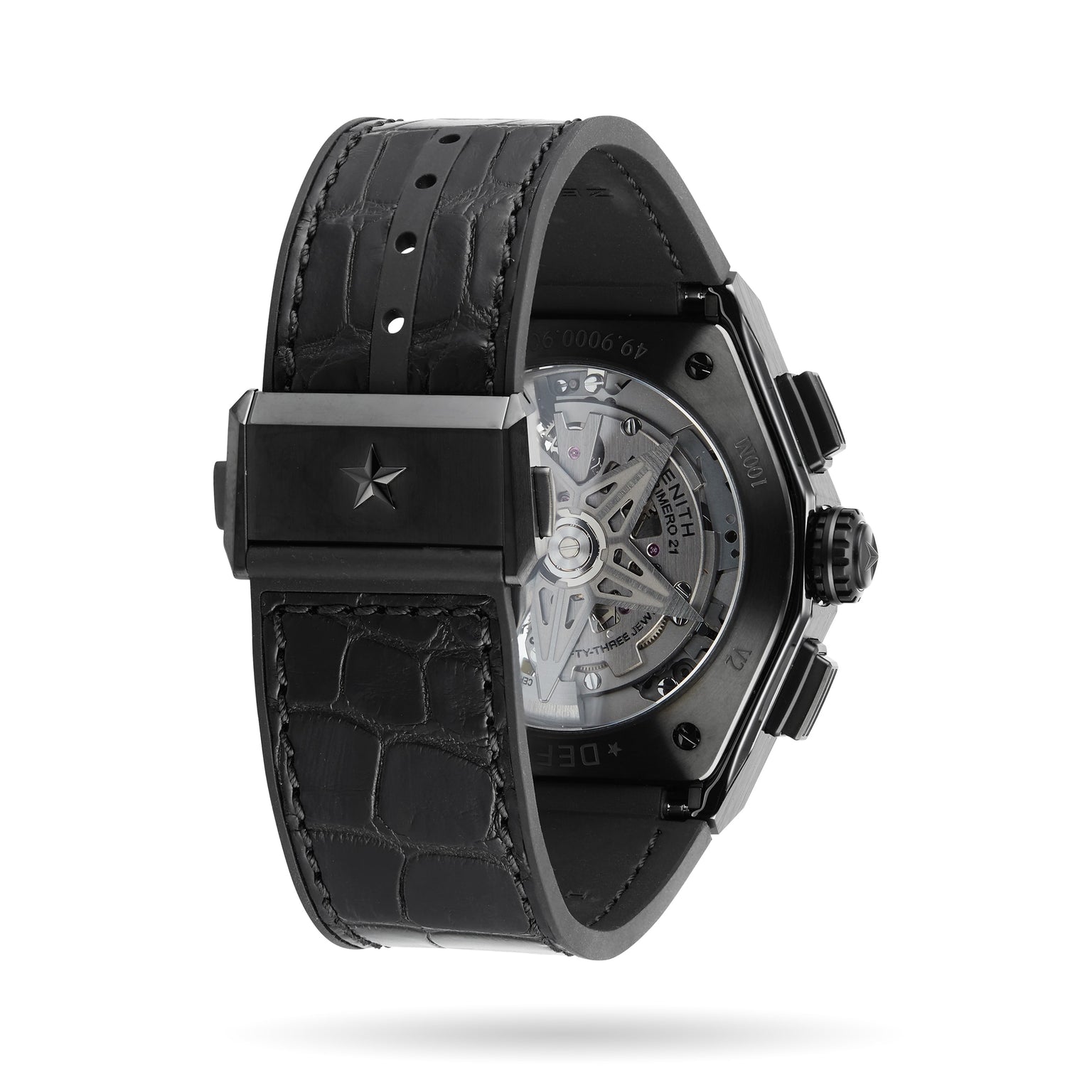 Zenith Defy El Primero 21: a black luxury wristwatch with a textured leather strap, star emblem clasp, transparent case back showcasing the mechanical movement, and signature high-frequency chronograph for precise urban design.