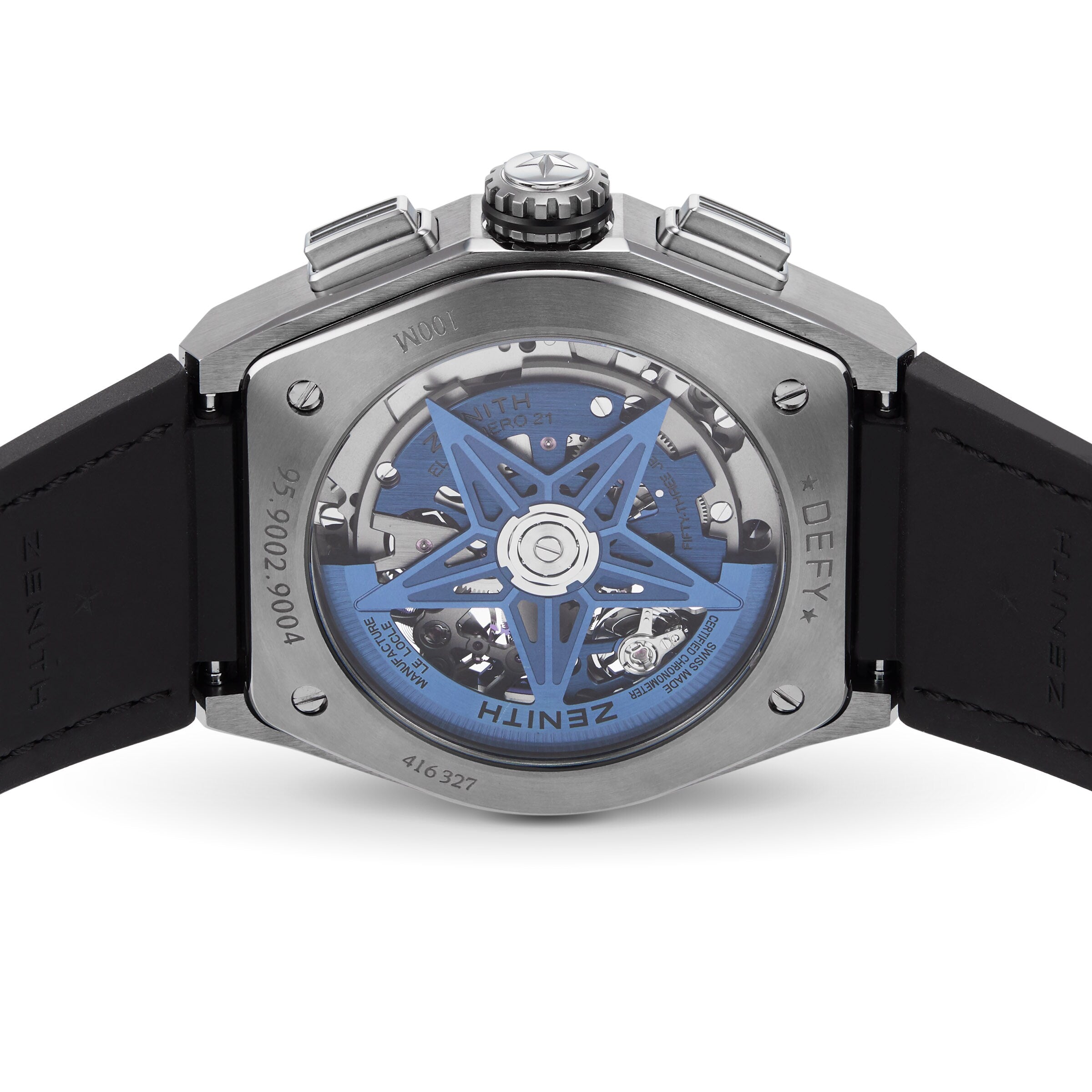 Close-up of the back of a Zenith Defy El Primero 21 wristwatch, showcasing its exposed mechanical movement and blue star-shaped rotor within a titanium case and transparent case back.
