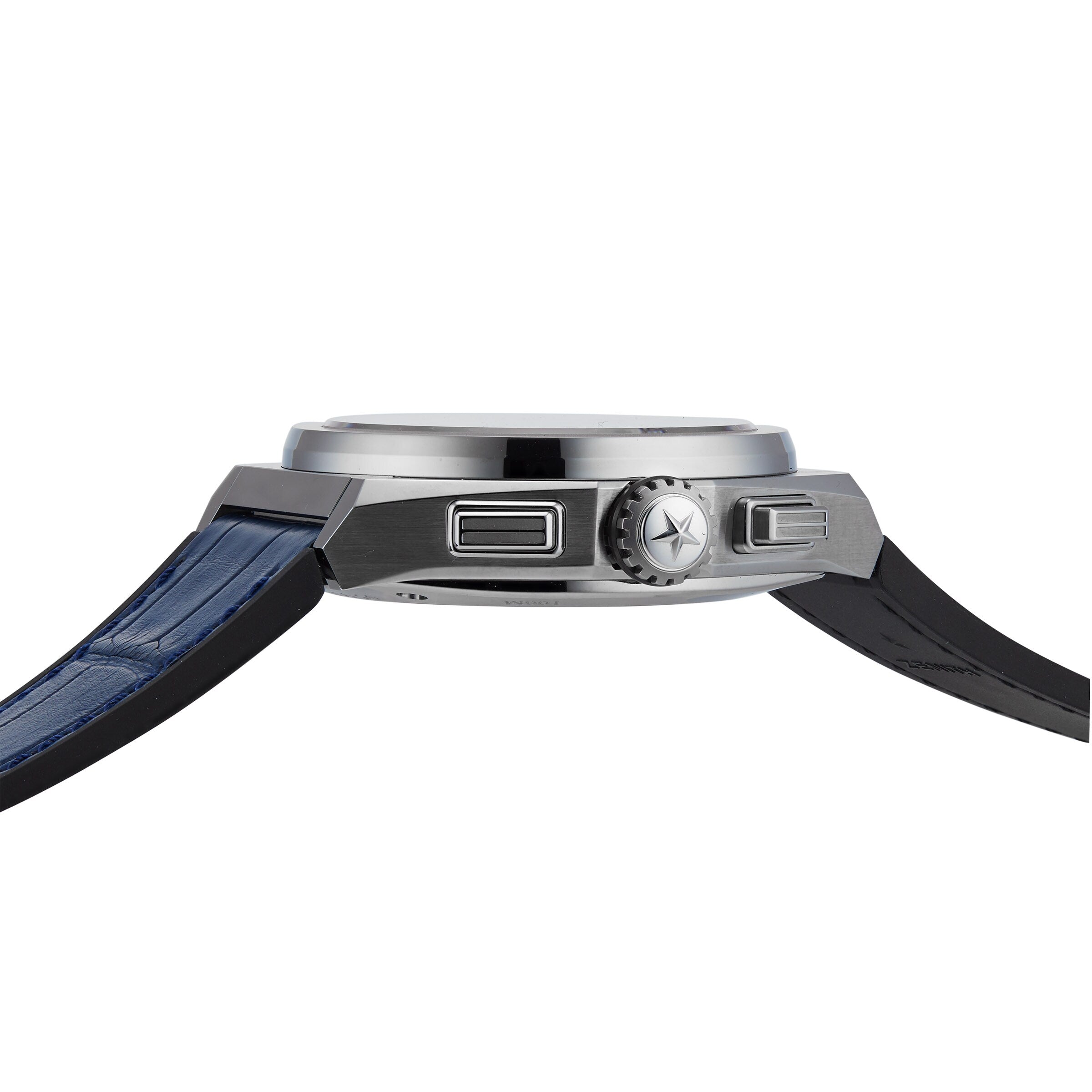 Side view of the Zenith Defy El Primero 21, a silver wristwatch featuring a blue strap and prominent crown and pushers.
