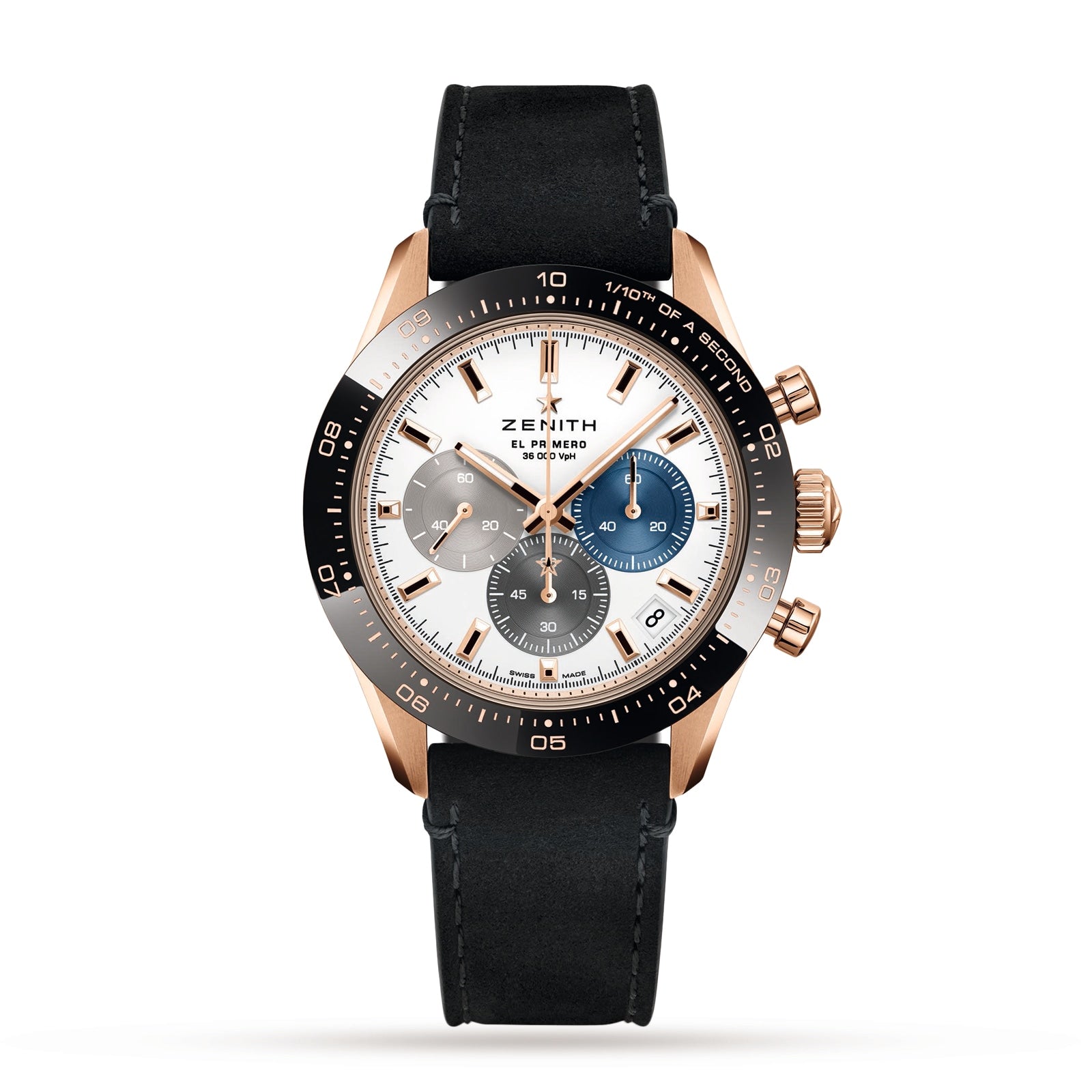 The Zenith Chronomaster Sport is a luxury wristwatch with a black leather strap, 18K rose gold case, silver dial featuring three subdials, and El Primero 3600 branding.