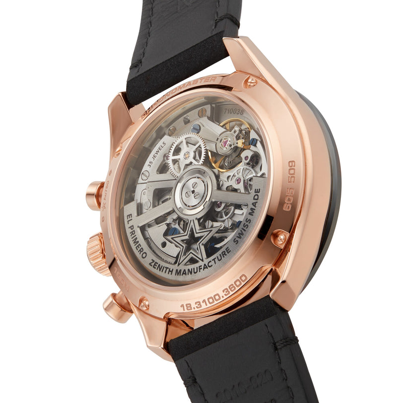 Close-up of the back of the Zenith Chronomaster Sport, featuring its El Primero 3600 movement visible through a transparent caseback.