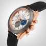 A Zenith Chronomaster Sport wristwatch with an 18K rose gold case, black bezel, three subdials powered by the El Primero 3600 movement, and a black leather strap is pictured against a light background.