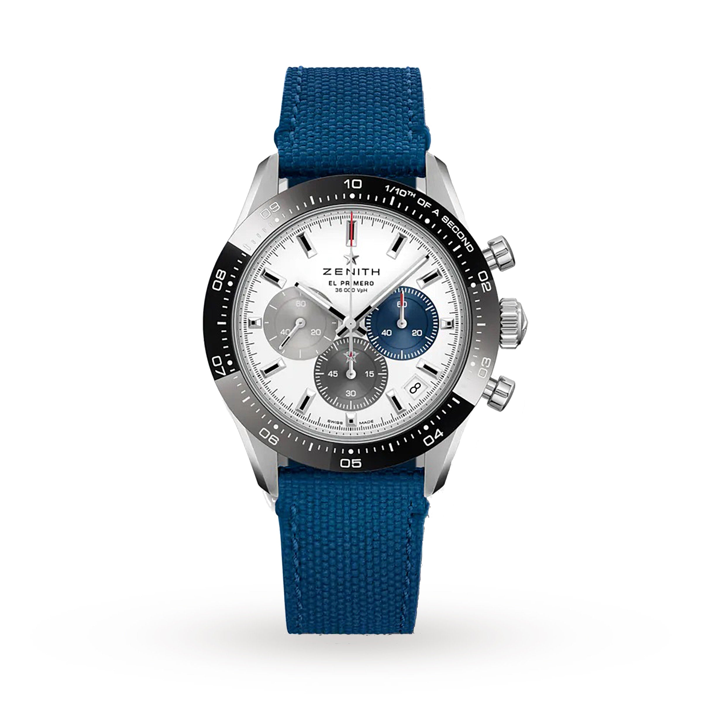 The Zenith Chronomaster Sport is a stainless steel automatic chronograph wristwatch with El Primero movement, a white dial featuring three subdials, a black bezel, and a blue fabric strap.