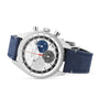 The Zenith Chronomaster EP Original is a stainless steel wristwatch with a blue leather strap, featuring a white dial, blue, gray, and black subdials, the iconic red second hand, and the El Primero 3600 movement.