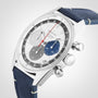 The Zenith Chronomaster EP Original is a stainless steel watch with a blue leather strap, El Primero 3600 movement, tricolour dial (grey, blue, silver subdials), and a white tachymeter bezel.
