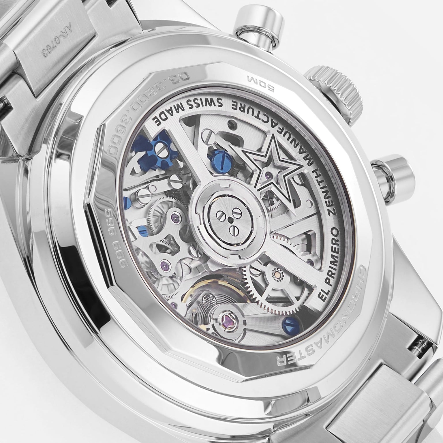 Close-up of the back of a Zenith Chronomaster EP Original watch, highlighting its intricate mechanical movement.