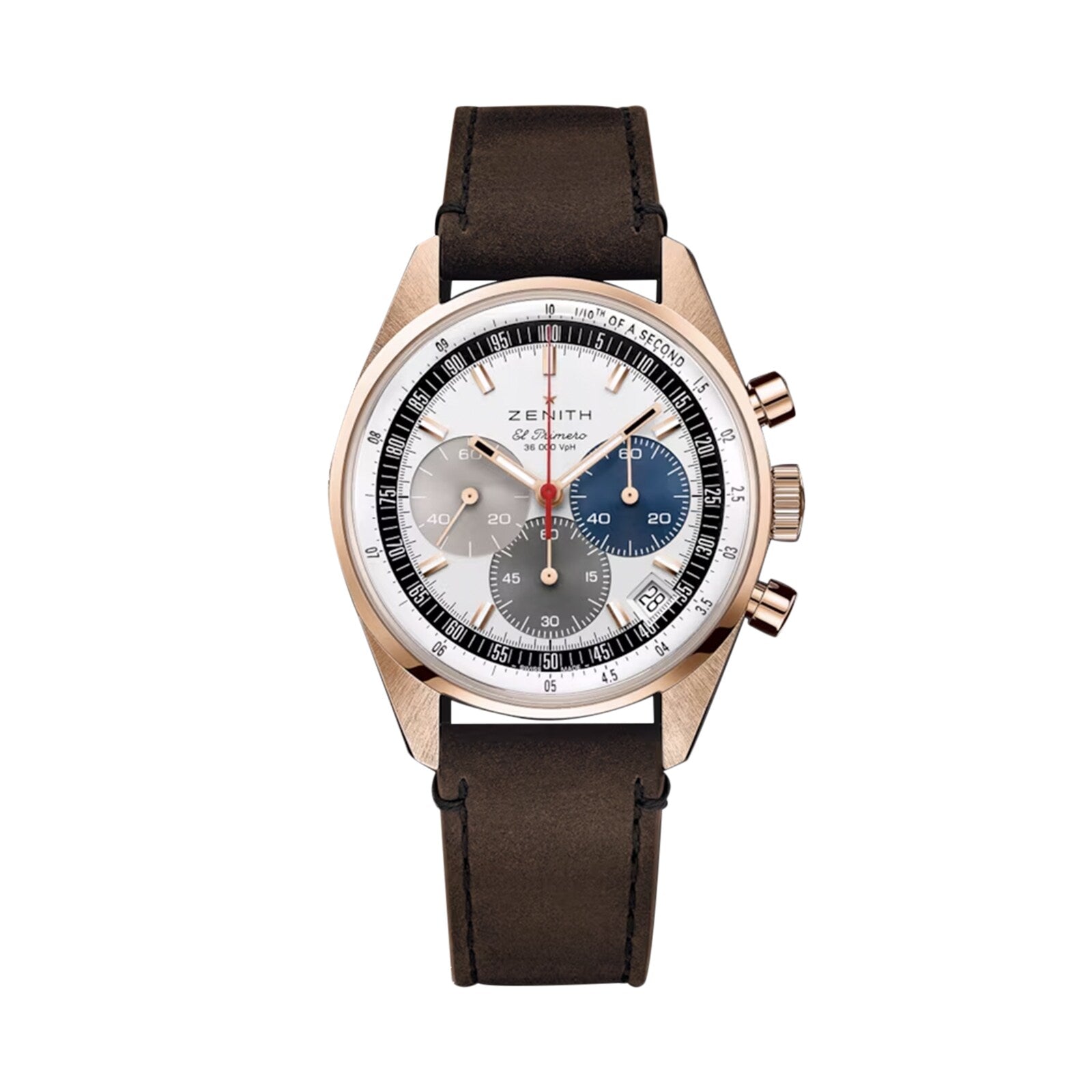 The Zenith Chronomaster EP Original features a gold case, brown leather strap, white dial with grey, blue, and black subdials, two push buttons and crown—showcasing the brand’s renowned mechanical calibre.