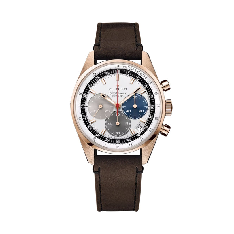 The Zenith Chronomaster EP Original features a gold case, brown leather strap, white dial with grey, blue, and black subdials, two push buttons and crown—showcasing the brand’s renowned mechanical calibre.