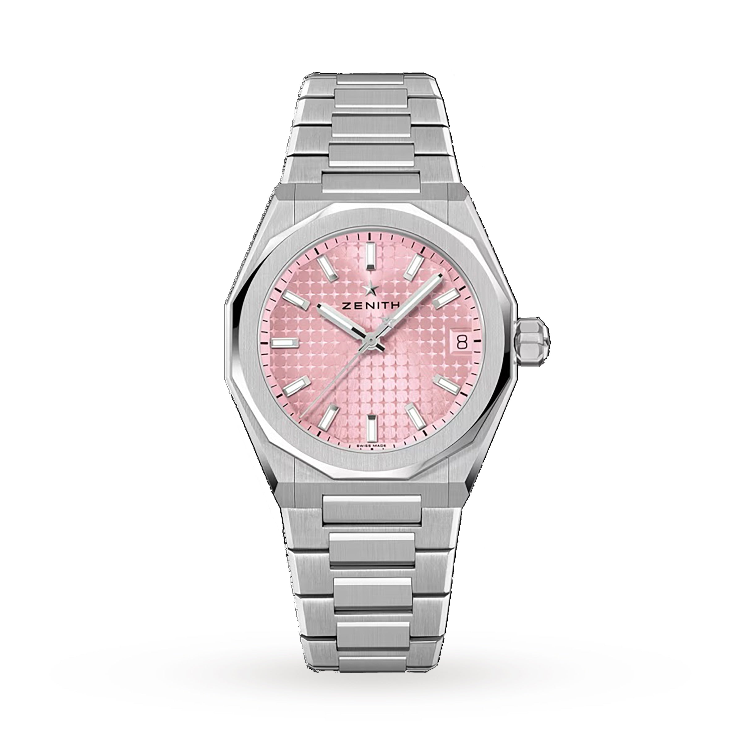 The Zenith Defy Skyline 36 features a stainless steel case, pink textured dial, silver hour markers, four-pointed star, date at 3 o’clock, and a metal link bracelet—capturing true urban sophistication.
