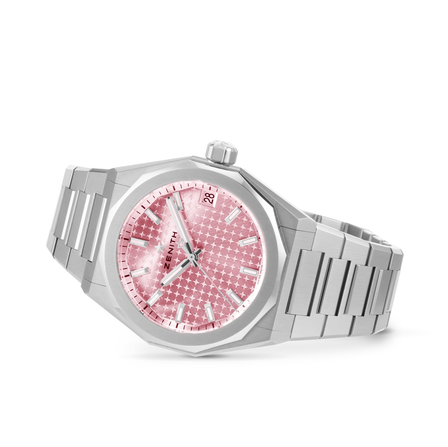 A Zenith Defy Skyline 36 stainless steel watch featuring a pink geometric-pattern dial, silver hour markers, the iconic four-pointed star, and a date window at 3 o’clock, shown at an angle.