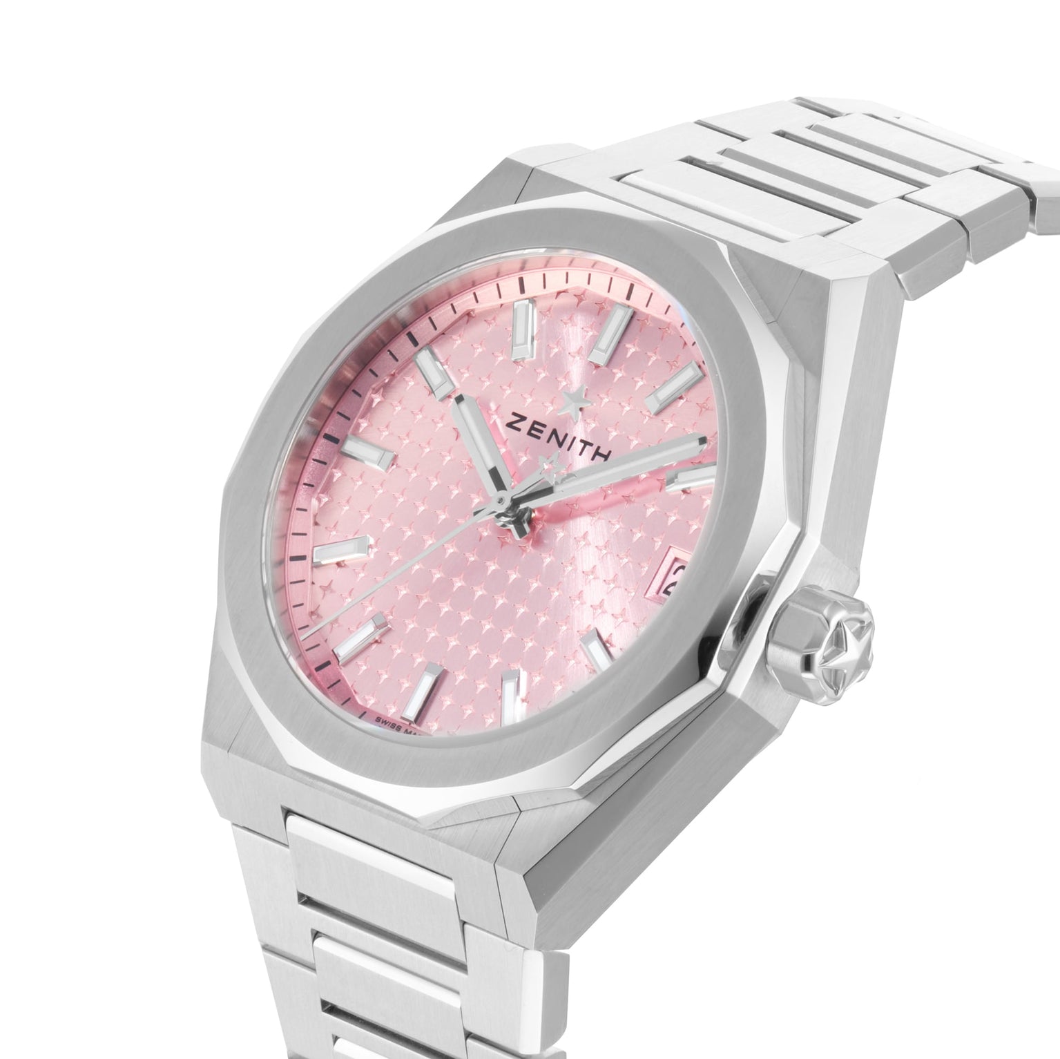 The Zenith Defy Skyline 36 is a silver wristwatch with urban sophistication, showcasing a pink patterned dial, four-pointed star, silver hour markers, date window, and the iconic Zenith name.