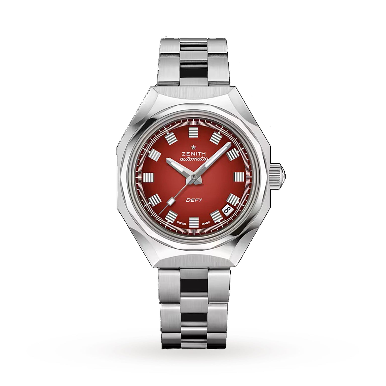 The Zenith Defy Revival A3691 features a stainless steel octagonal case, red gradient dial, silver hour markers, date at 4 o’clock, and is elegantly presented on a metal bracelet.