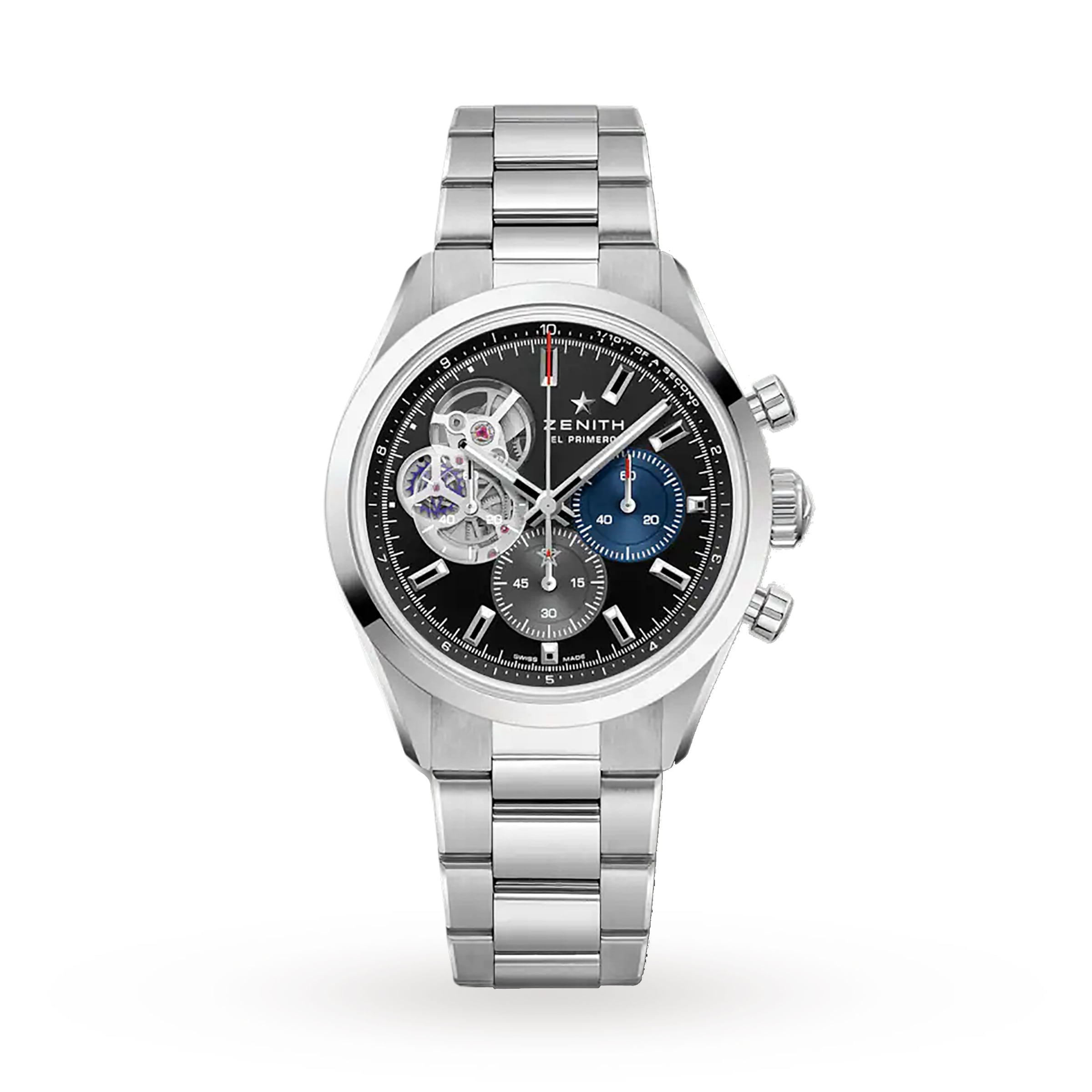 The Zenith Chronomaster Open is a silver wristwatch featuring a black and blue dial, Roman numerals, and an exposed inner mechanism on the left side.