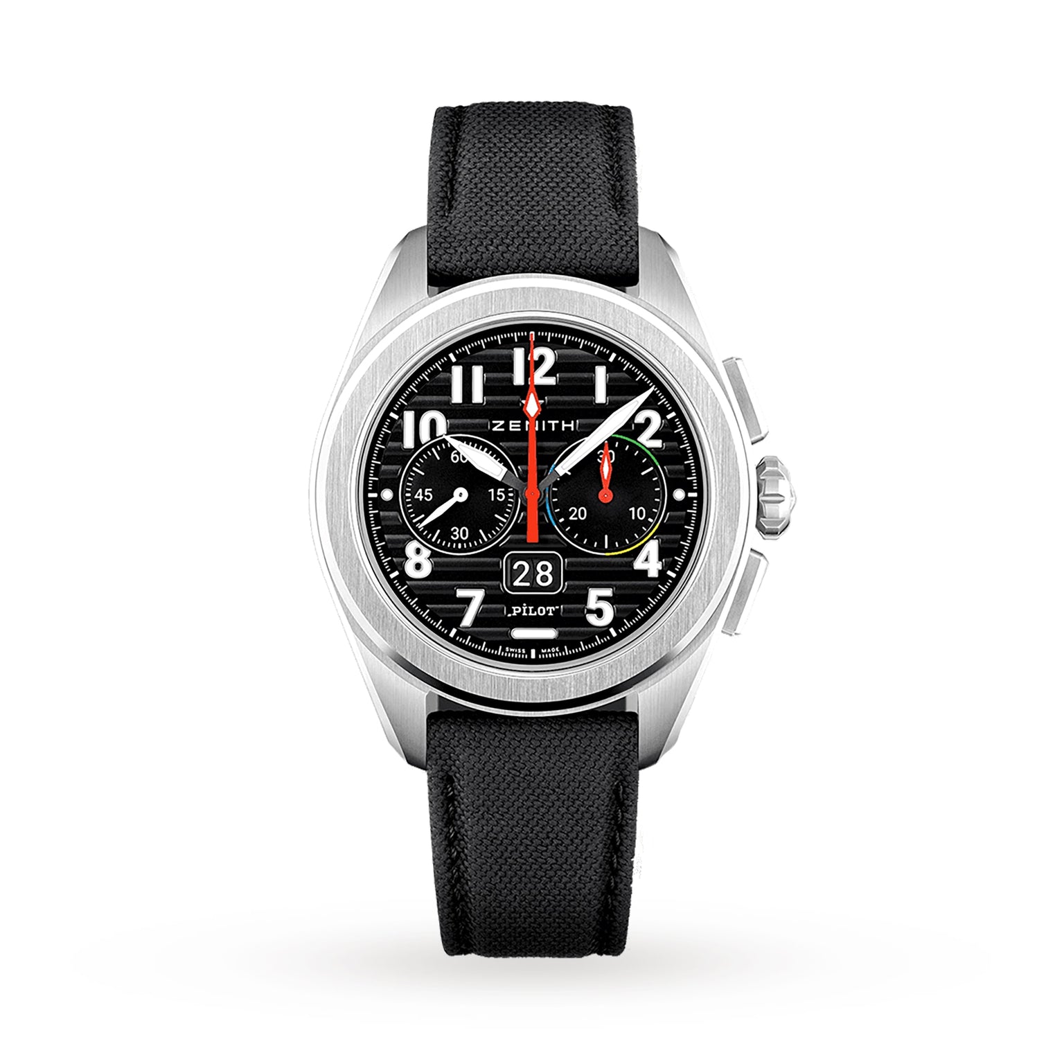 The Zenith Pilot Big Date Flyback is a silver pilot watch with a black ceramic case, black dial, white numerals, multicolored accents, two subdials, date window, and a black textured strap, shown on a white background.