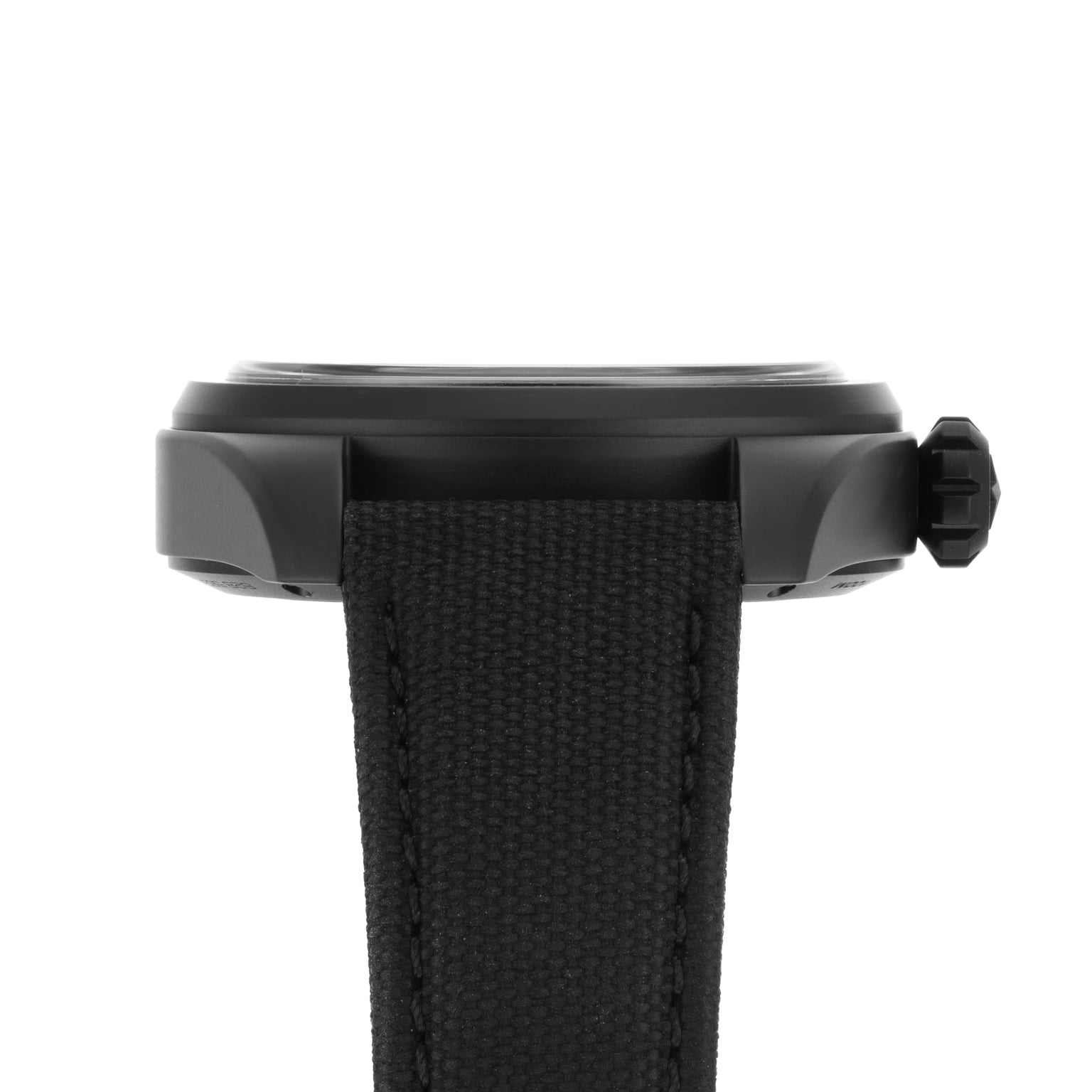 Side view of the Zenith Pilot Automatic, a black wristwatch with fabric strap, prominent right-side crown, and automatic high-frequency calibre.