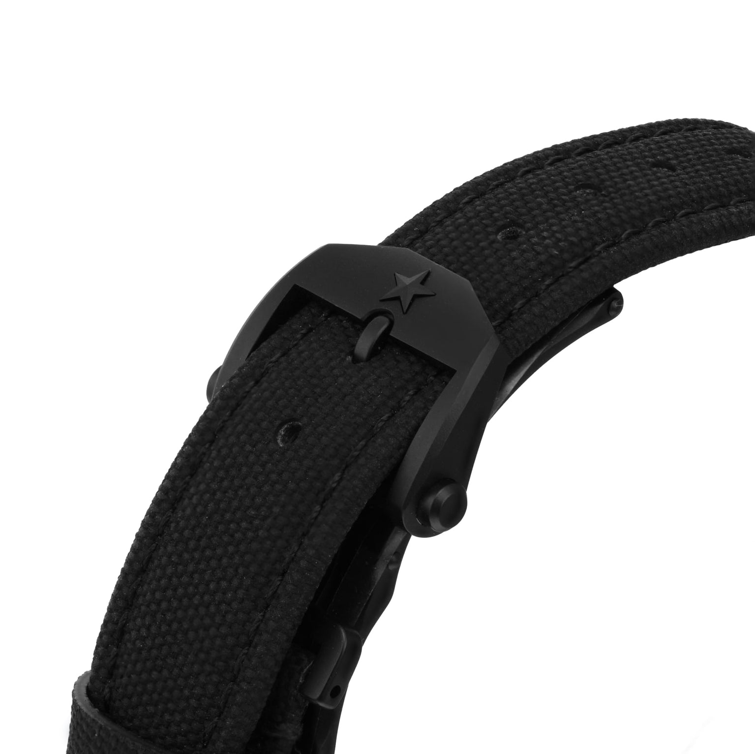 Close-up of a black fabric strap with matte black metal buckle, engraved with a star and inspired by the Zenith Pilot Automatic collection—ideal for fans of classic pilot watches.