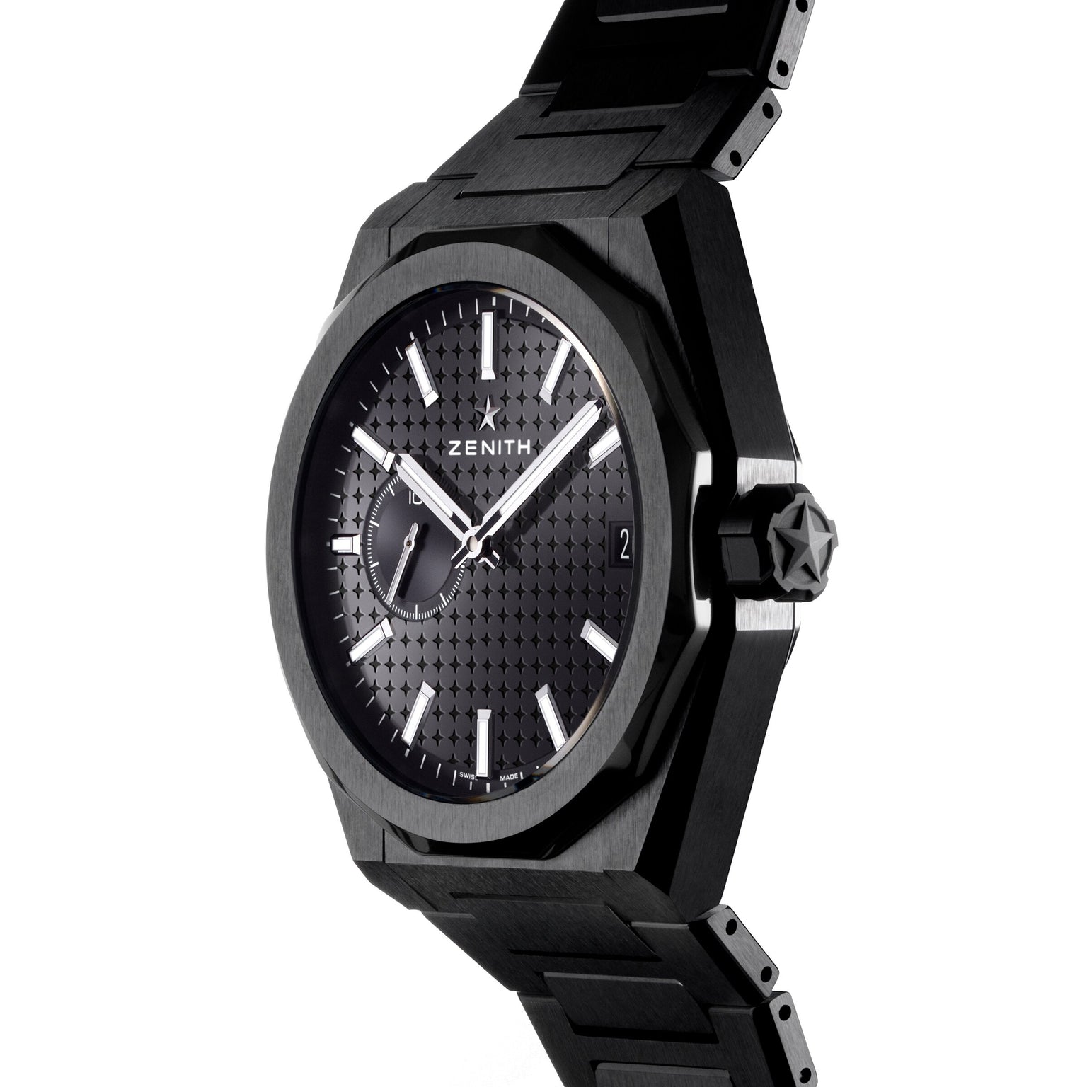The Zenith Defy Skyline wristwatch in black ceramic features a textured dial, white hour markers, a date window at 3 o’clock, and a subdial at 9 o’clock, displayed at a slight angle.