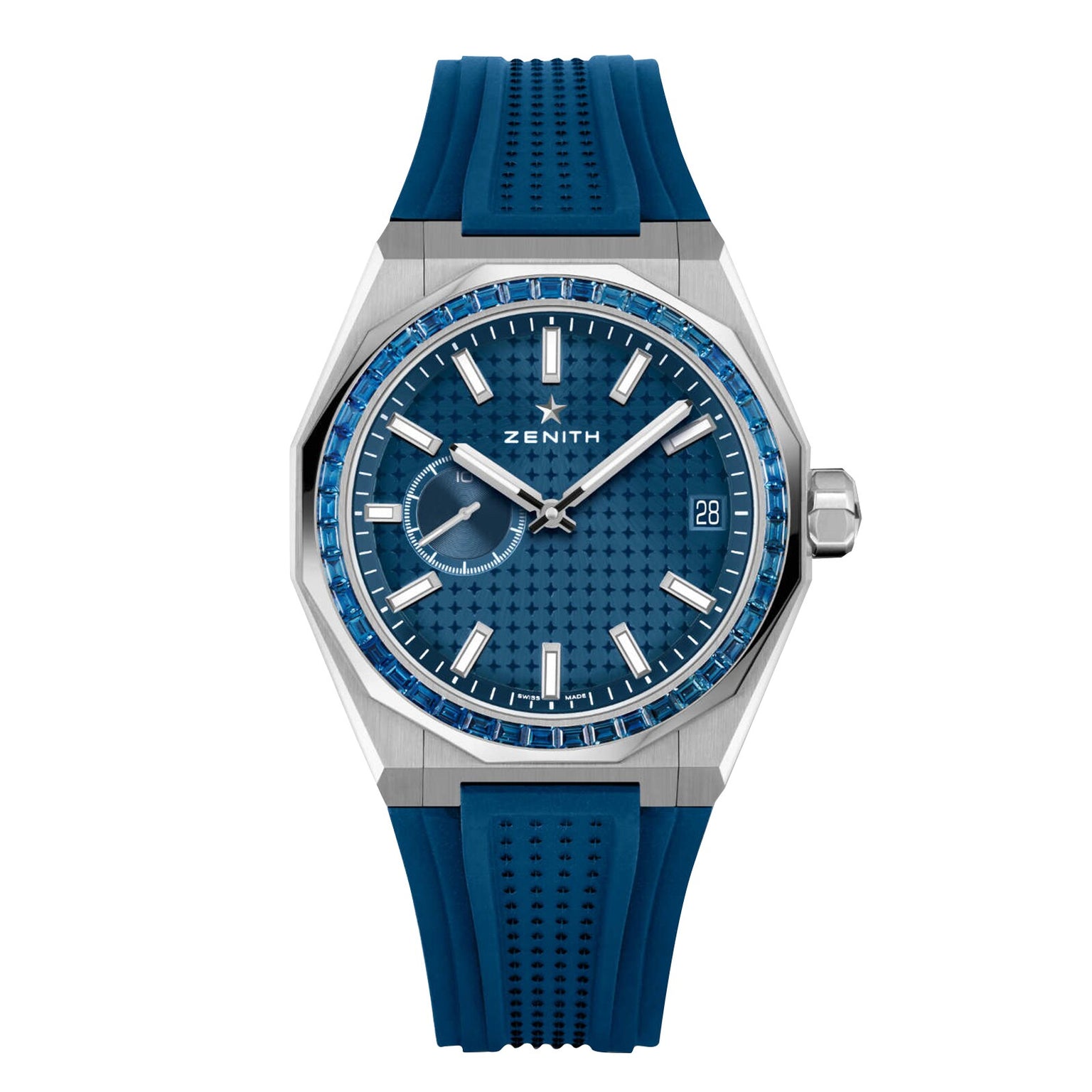 The Zenith Defy Skyline Sapphire wristwatch boasts a blue dial, blue rubber strap, El Primero 3620 movement, silver hour markers, date window at 3 o’clock, and a subdial at 9 o’clock.