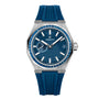 The Zenith Defy Skyline Sapphire wristwatch boasts a blue dial, blue rubber strap, El Primero 3620 movement, silver hour markers, date window at 3 o’clock, and a subdial at 9 o’clock.