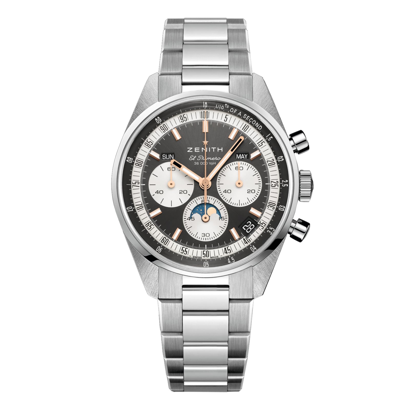 A Zenith Chronomaster Original stainless steel chronograph wristwatch features a black dial with three subdials, a date window, and a silver metal bracelet, shown against a white background.