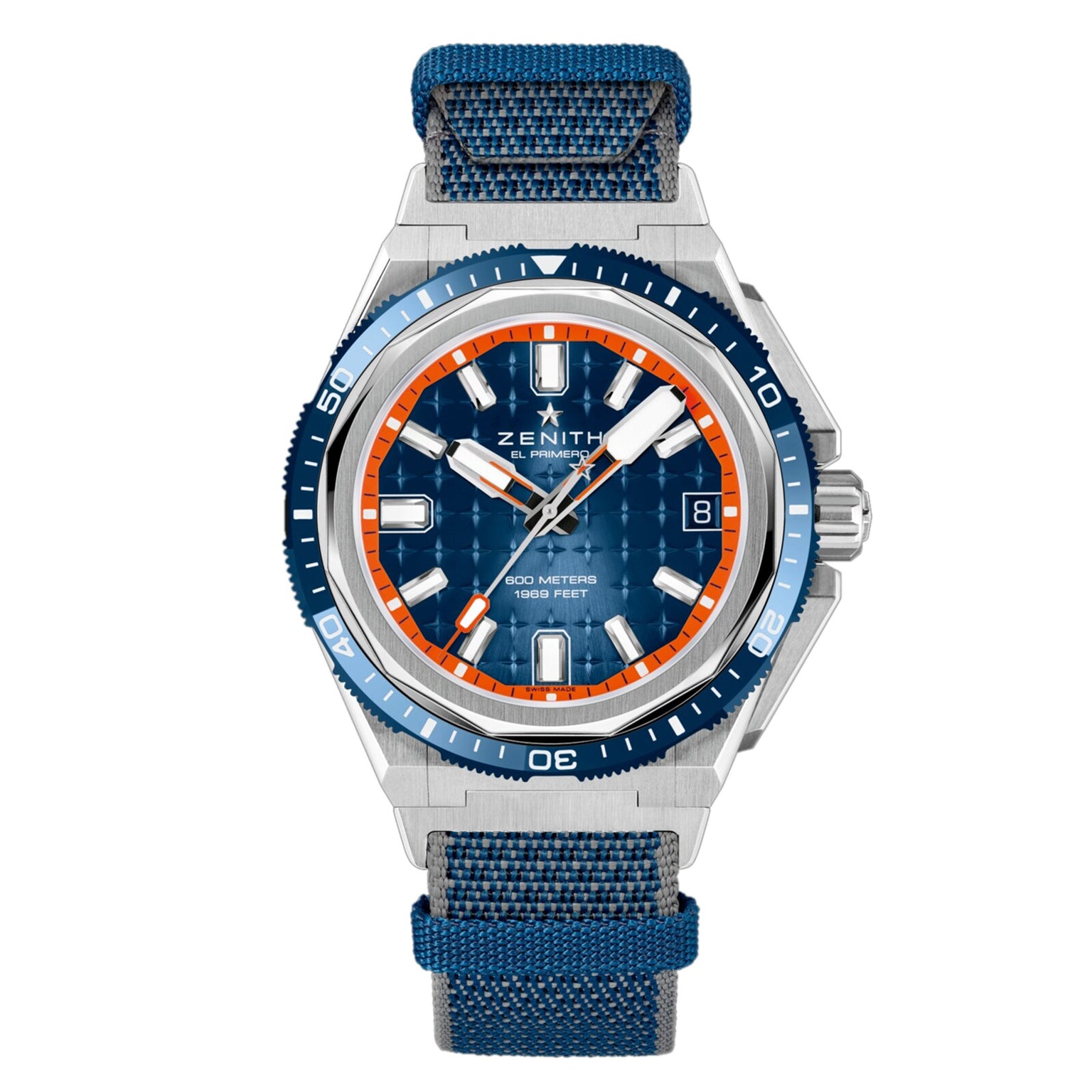 The Zenith Defy Extreme Diver features a titanium case, blue strap, blue and orange bezel, blue textured dial, white hands, orange hour markers, date display, and is water-resistant to 1000 meters.